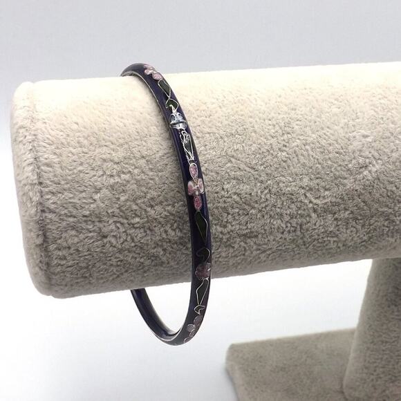 Vintage Cloisonne Floral Bangle Bracelet, Dark Blue Enamel, 7 3/4 Inch, 1960s - Picture 7 of 12